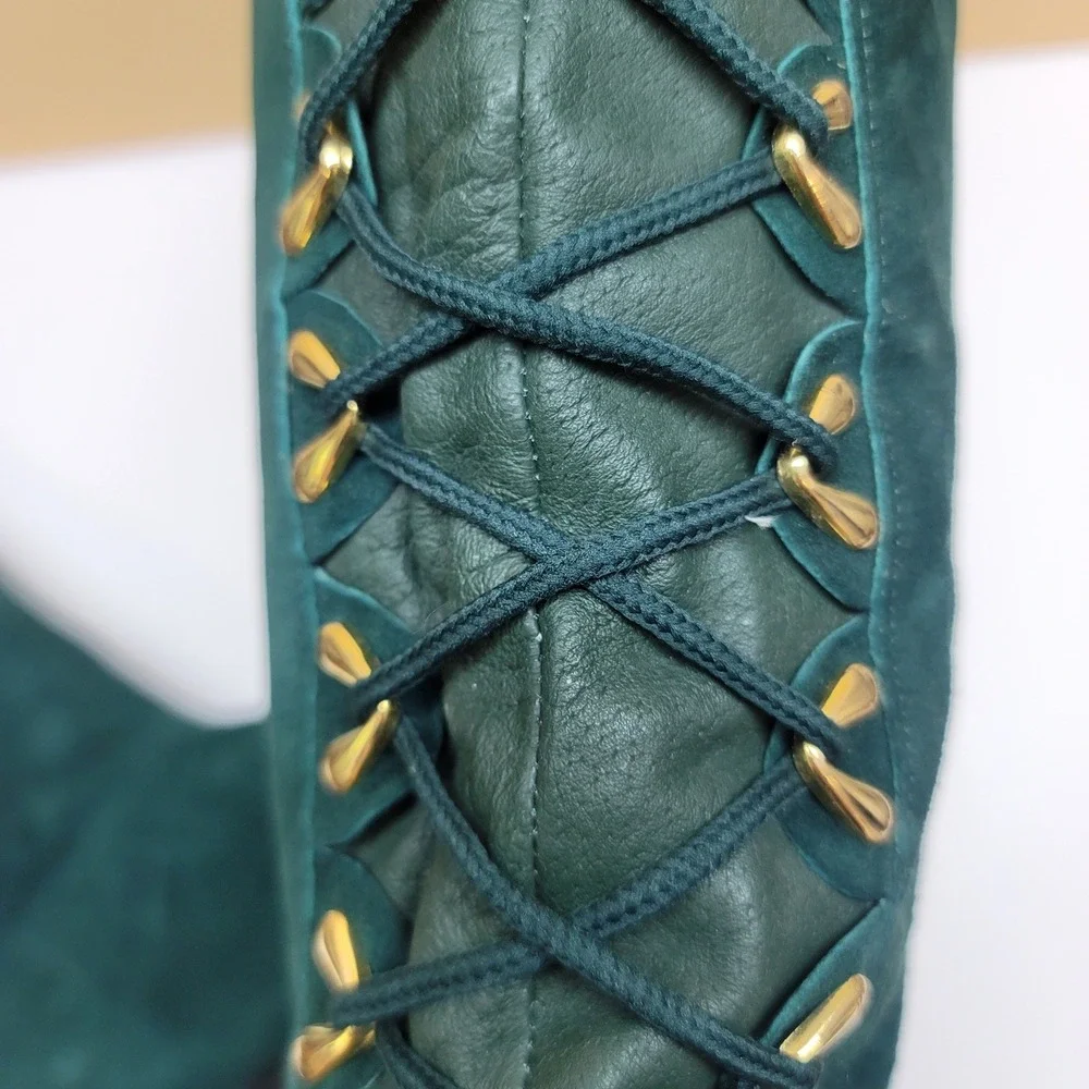 Clicks Womens Size 9B Dark Green Suede Tall Lace Up Back Boots Pointed Toe Flat